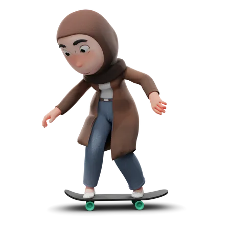 Hijabs Woman Doing Skating 3D Illustration