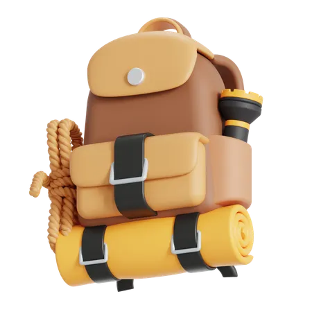 Hiking Bag With Rope Tent And Flashlight 3D Icon