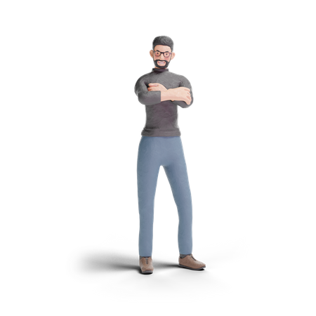 Homem hipster em pé com pose de braços cruzados  3D Illustration