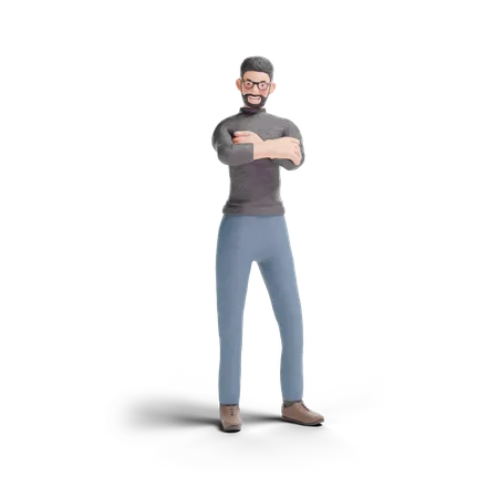 Homem hipster em pé com pose de braços cruzados  3D Illustration