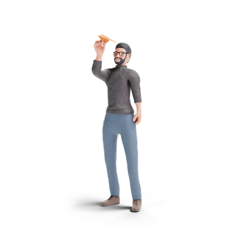 Homme hipster avec avion en papier  3D Illustration