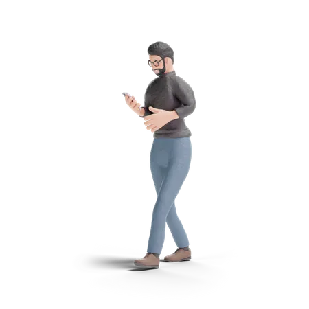 Homme hipster marchant avec un téléphone  3D Illustration