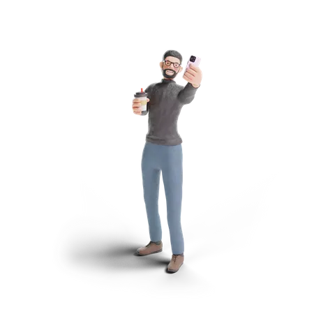 Selfie homme hipster avec café  3D Illustration