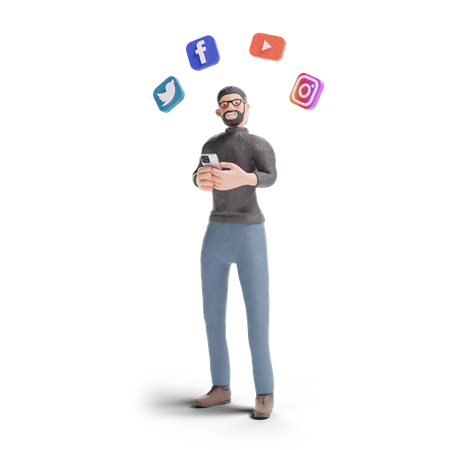 Homme hipster utilisant des applications de médias sociaux sur un smartphone  3D Illustration