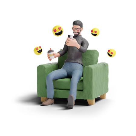 Hipster man falling love with social media  3D Illustration