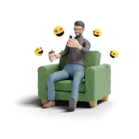 Hipster man falling love with social media  3D Illustration