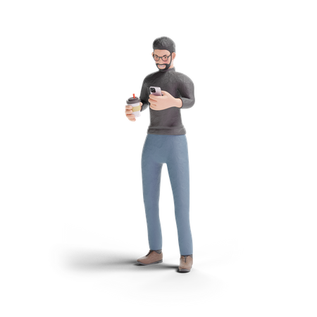 Hipster man holding coffee with phone  3D Illustration