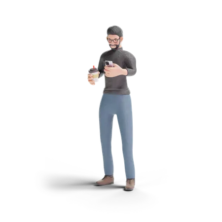 Hipster man holding coffee with phone  3D Illustration