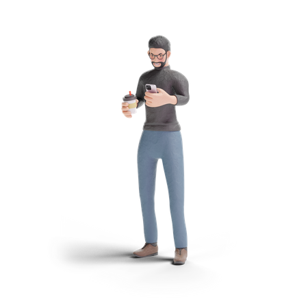 Hipster man holding coffee with phone  3D Illustration