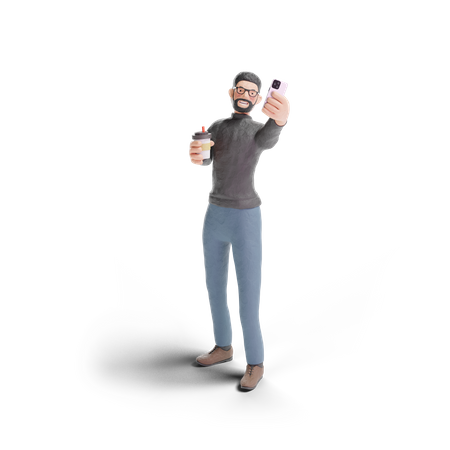 Hipster man selfie with coffee  3D Illustration