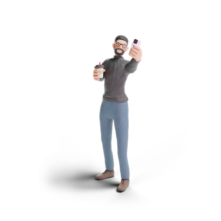 Hipster man selfie with coffee 3D Illustration
