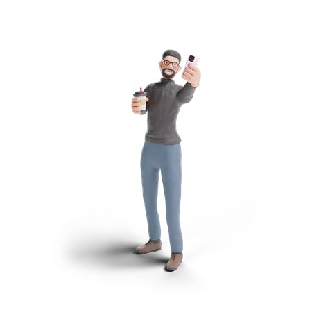 Hipster Man Selfie With Coffee In Transparent Background 3 D Illustration 3D Illustration