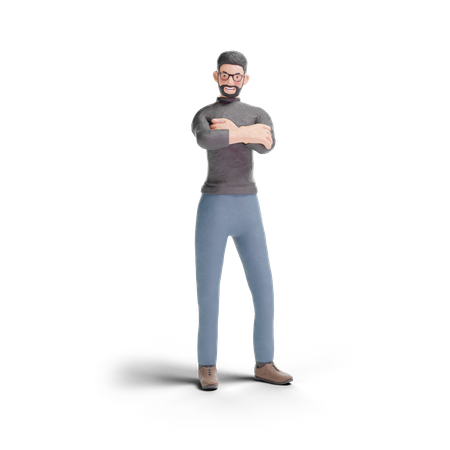 Hipster man standing with crossing arms pose  3D Illustration