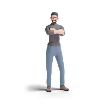 Hipster Man Crossing Arms Pose In Transparent Background 3 D Illustration 3D Illustration