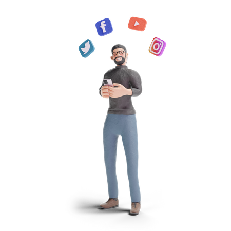 Hipster man using social media apps in smartphone  3D Illustration