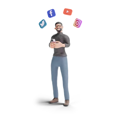 Hipster man using social media apps in smartphone  3D Illustration