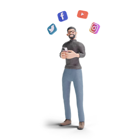 Hipster man using social media apps in smartphone 3D Illustration
