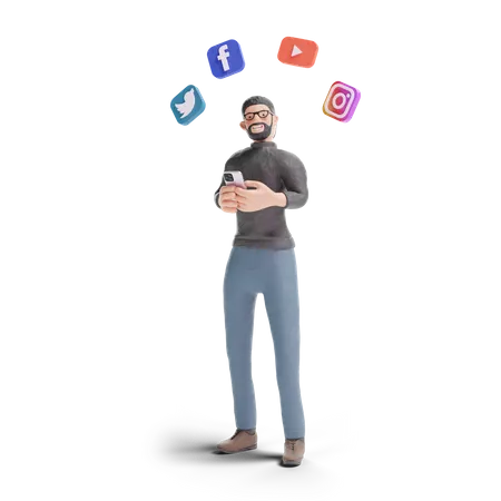 Hipster man using social media apps in smartphone 3D Illustration