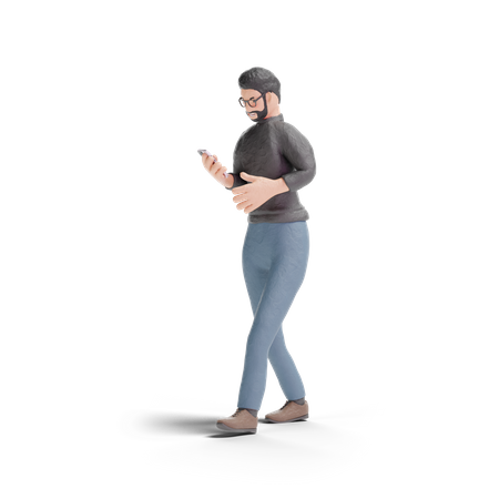 Hipster man walking with using phone  3D Illustration