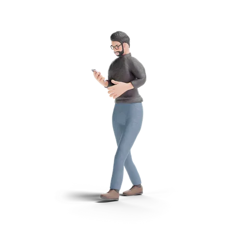 Hipster man walking with using phone 3D Illustration