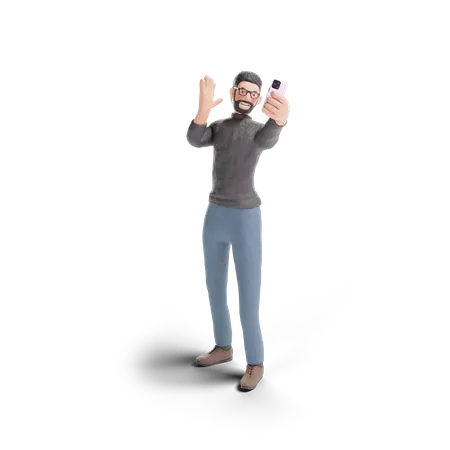 Hipster man waving into the phone  3D Illustration