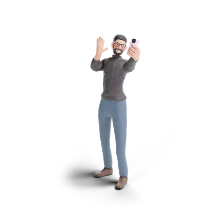 Hipster man waving into the phone 3D Illustration