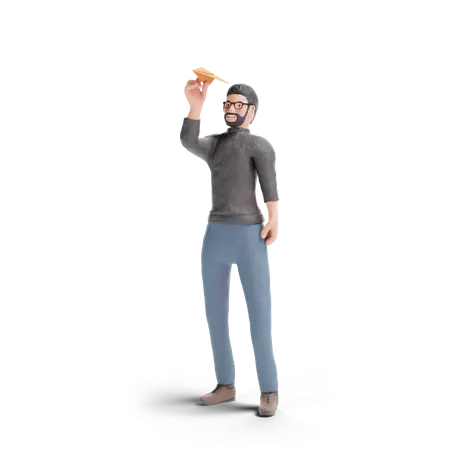 Hipster man with paper plane  3D Illustration