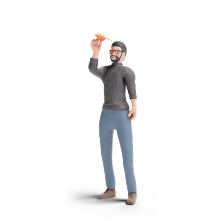 Hipster man with paper plane 3D Illustration