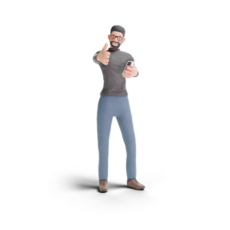 Hipster Mann Daumen hoch Geste mit Telefon  3D Illustration