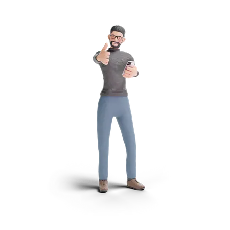 Hipster Mann Daumen hoch Geste mit Telefon  3D Illustration