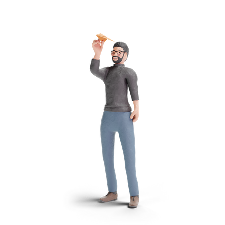 Hipster-Mann mit Papierflieger  3D Illustration