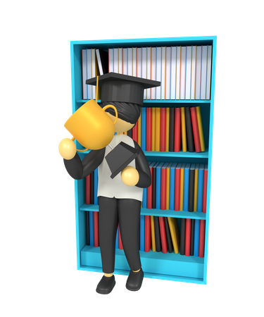 Holding a trophy in front of a bookshelf  3D Illustration