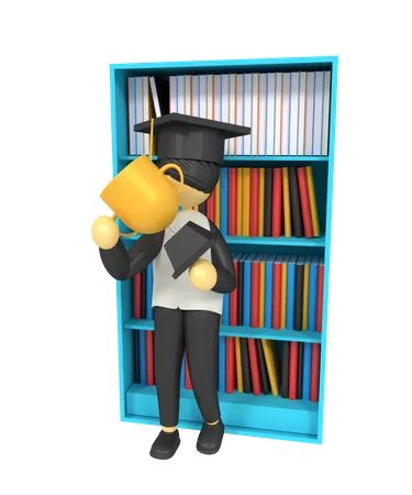 Holding a trophy in front of a bookshelf  3D Illustration