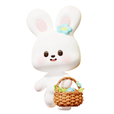 Cute Cartoon 3 D Little Easter Rabbit Walking And Holding Easter Eggs In The Wooden Basket With Flowers Happy Easter Day Festival Spring Holiday 3D Icon