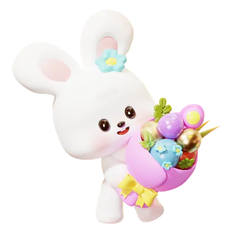 Cute Cartoon 3 D Little Easter Rabbit Holding Easter Eggs Bouquet With Leaves Plant Happy Easter Day Festival Spring Holiday 3D Icon