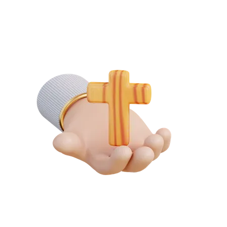 3 D Illustration Of Hand And Holding Cross 3D Icon