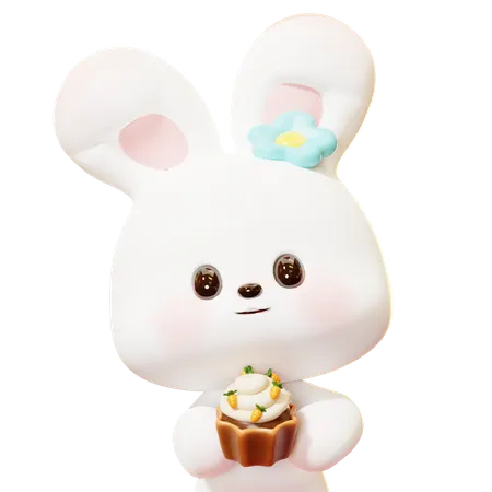 Cute Cartoon 3 D Little Easter Rabbit Hold Carrot Cupcake Baked Dessert Bakery Happy Easter Day Festival Spring Holiday 3D Icon