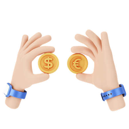 Holding Dollar and Euro Coins  3D Icon