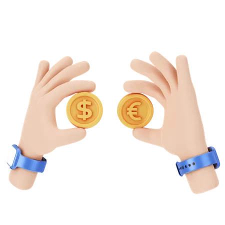 Holding Dollar and Euro Coins  3D Illustration