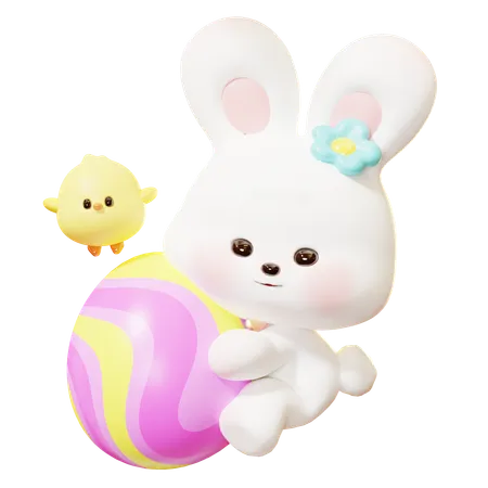 Cute Cartoon 3 D Baby Chicken And Little Easter Rabbit Hugging Giant Easter Egg With Abstract Pink And Yellow Pattern Happy Easter Day Festival Spring Holiday 3D Icon