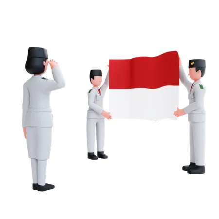 Holding Indonesian Flag and celebrating Independence Day  3D Illustration