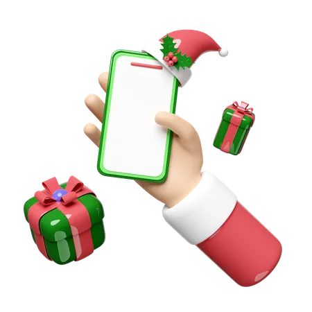 Santa Claus Hands Holding Mobile Phone Or Smartphone With Gift Box Hat Holly Berry Leaves Isolated Online Shopping Merry Christmas And Happy New Year 3 D Render Illustration 3D Illustration