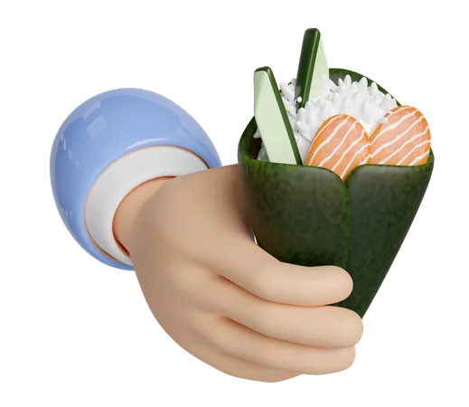 3 D Hand Hold Temaki Sushi With Rice Salmon Cucumber Seaweed Japanese Food Isolated Concept 3 D Render Illustration 3D Icon