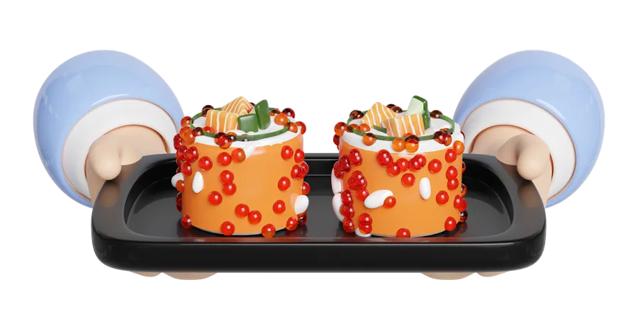 3 D Hand Hold Uramaki Sushi On Food Tray Japanese Food Isolated Concept 3 D Render Illustration 3D Icon