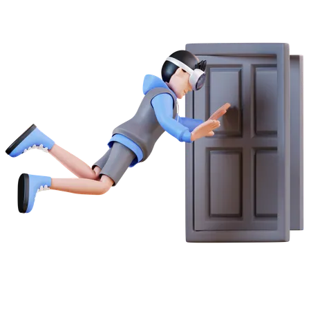 Hombre abriendo puerta virtual  3D Illustration