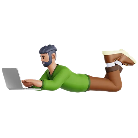 Hombre acostado y usando una computadora portátil  3D Icon