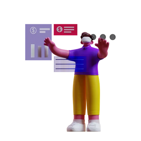 Hombre gestionando las finanzas en metaverso.  3D Illustration