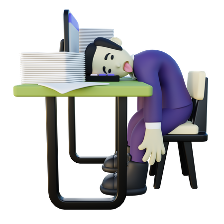 Hombre agotado que trabaja en la oficina  3D Illustration