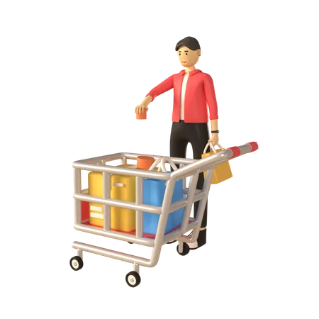 Hombre añadido al carrito de artículos  3D Illustration