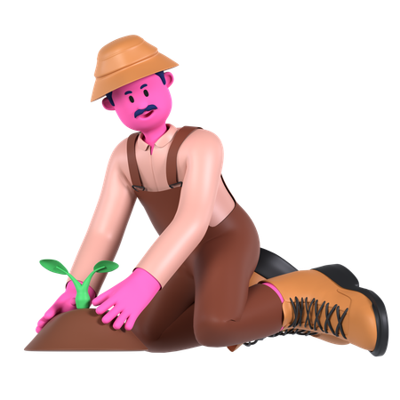 Agricultor plantando planta  3D Illustration